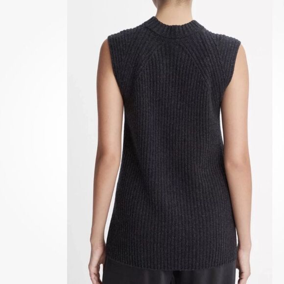 Vince Women Cashmere Wool Sleeveless Ribbed Tunic Sweater Heather Charcoal large - Picture 2 of 9